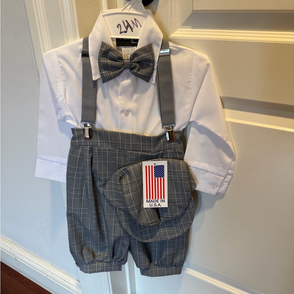 Gray Plaid Kids Suspender Set with Bow Tie